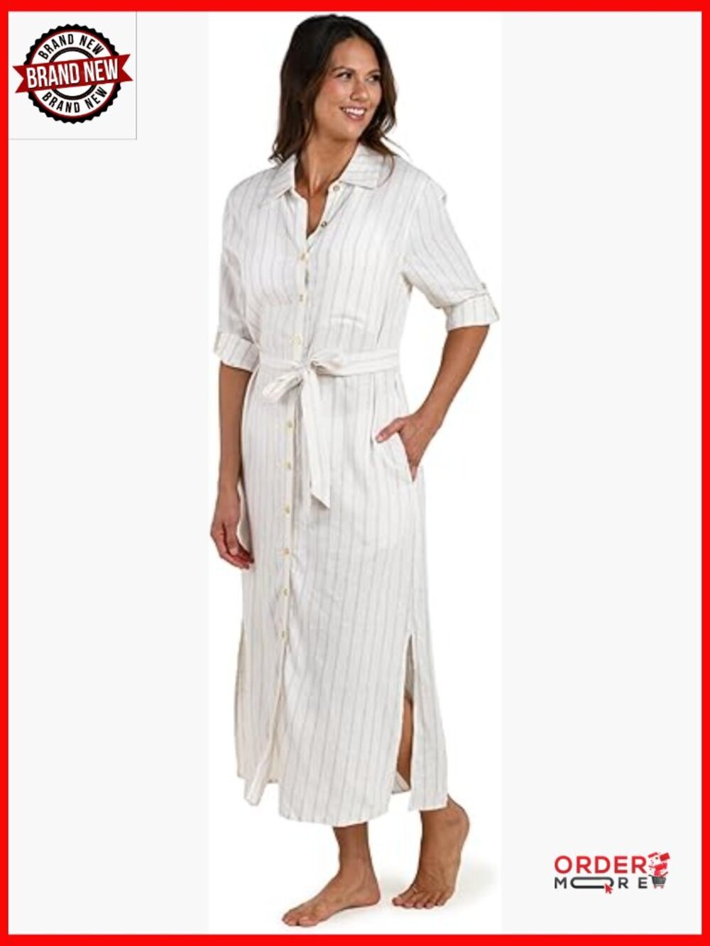 Midi Dress Swimsuit Cover Up Linen Blend Button Front Drawstring Waist Beach
